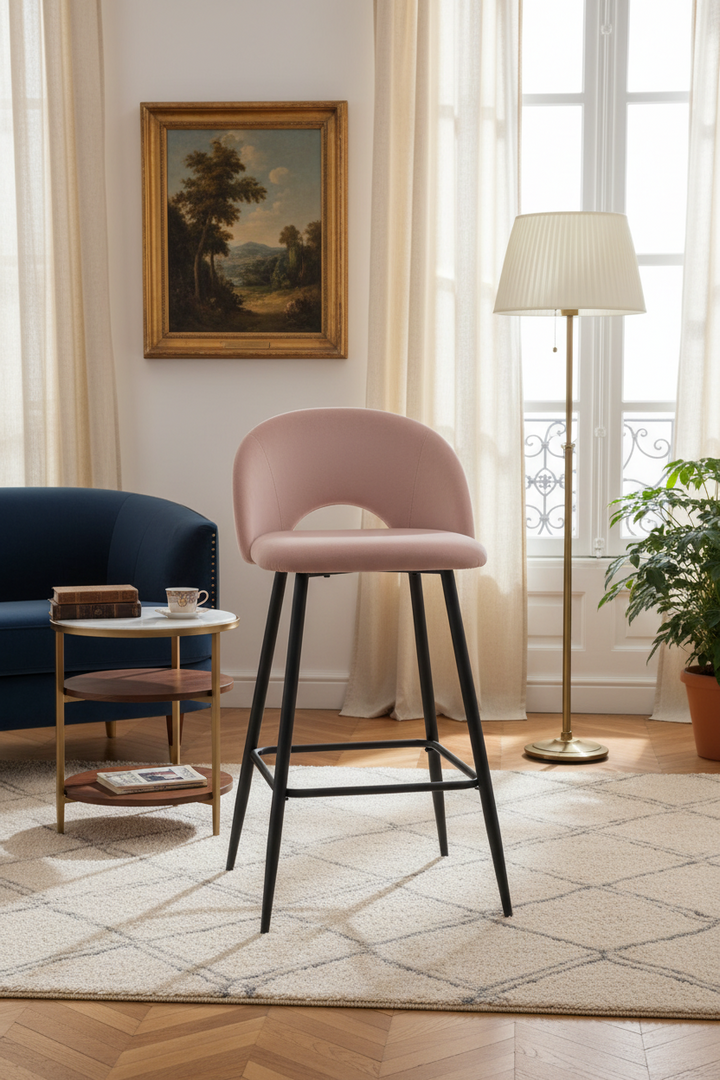 TABOURET DE BAR TEDDY PIED METAL NOIR VELOURS ROSE