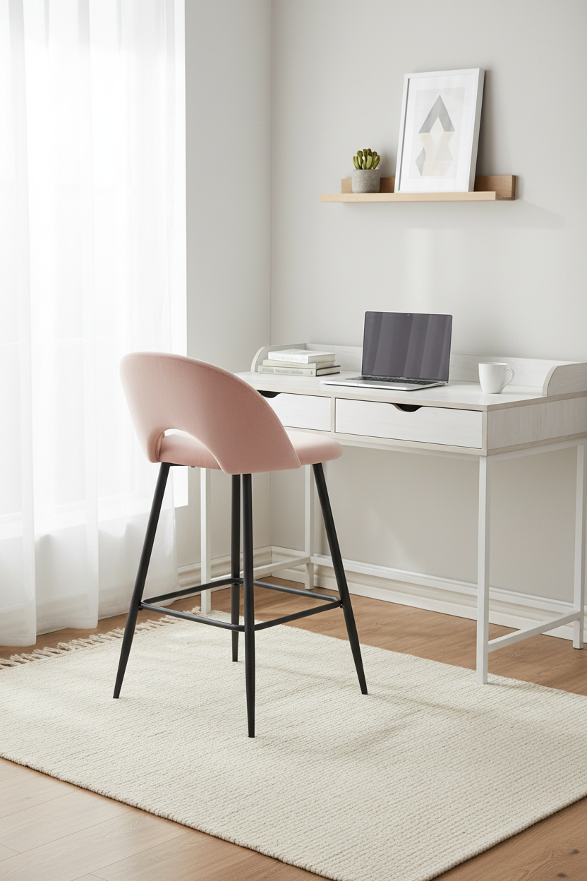 TABOURET DE BAR TEDDY PIED METAL NOIR VELOURS ROSE