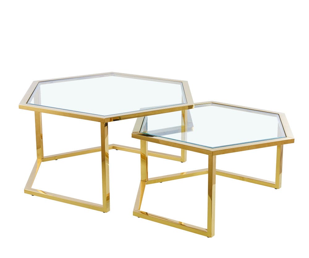 Lot de 2 tables basses Gigogne HEXAGONA structure Gold et plateau en verre