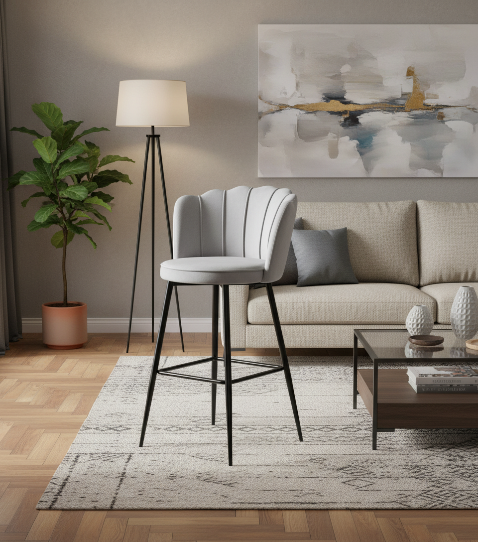 TABOURET DE BAR NYMPHEA METAL NOIR VELOURS GRIS HAUTEUR 65cm