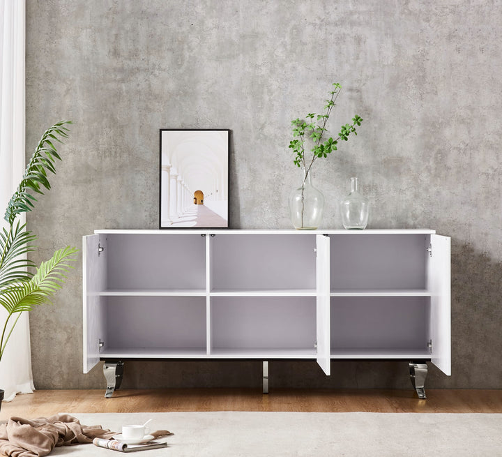 BUFFET BAROQUE LAQUE BLANC 3 PORTES 160X40X80 CM PIEDS CHROME
