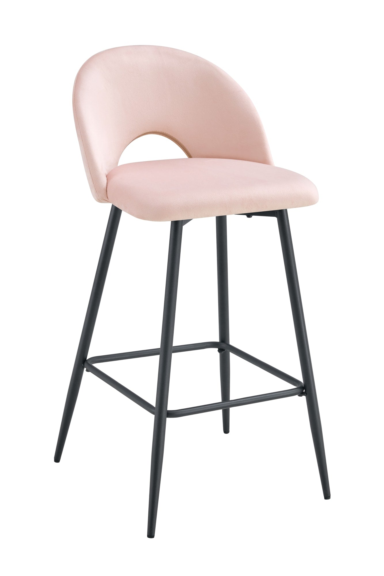 TABOURET DE BAR TEDDY PIED METAL NOIR VELOURS ROSE