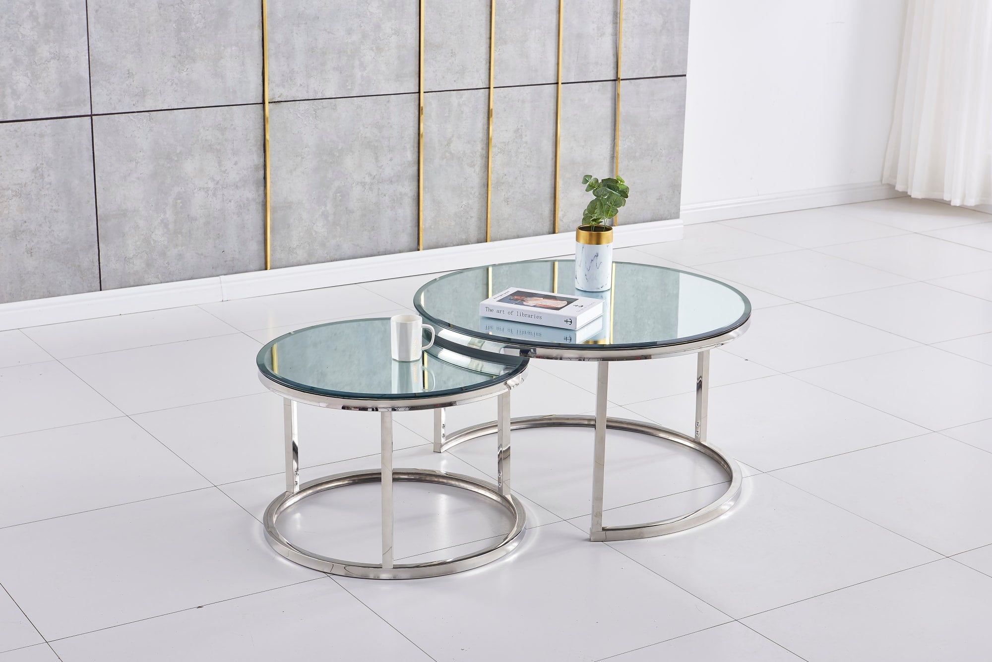 TABLE BASSE GIGOGNE CHROME MIROIR 80x45 + 60x38 cm