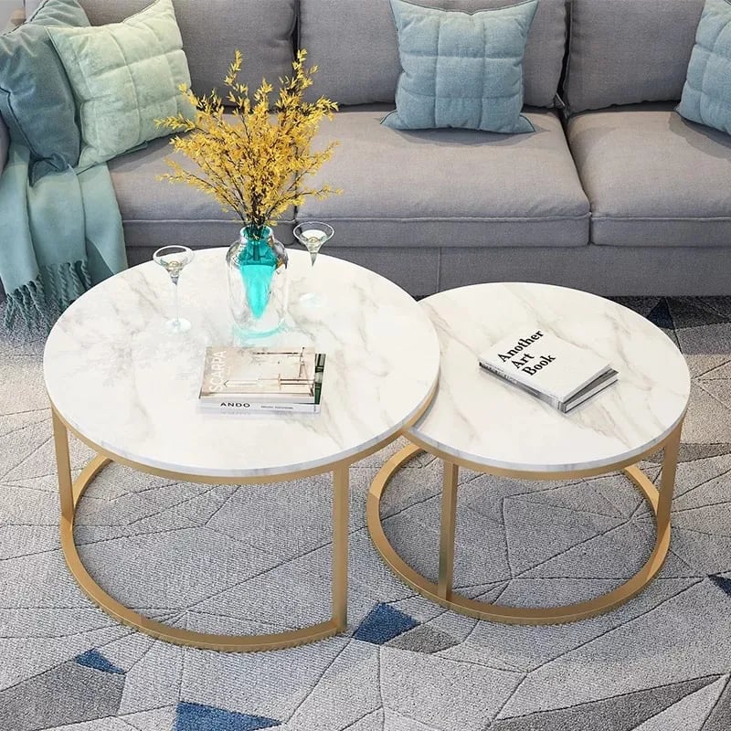 Ensemble de 2 Tables basses Gigogne Marbre Blanc Gold Brossé