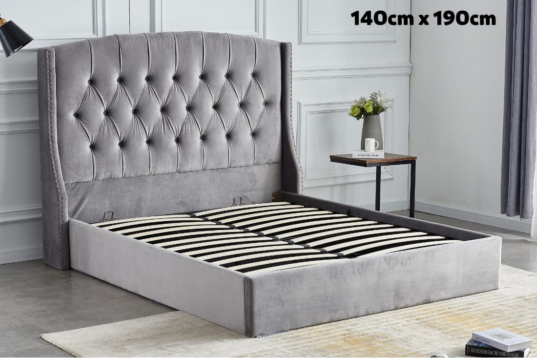 LIT COFFRE SULTAN CAPITONNE LOSANGE VELOURS GRIS 140x190 cm