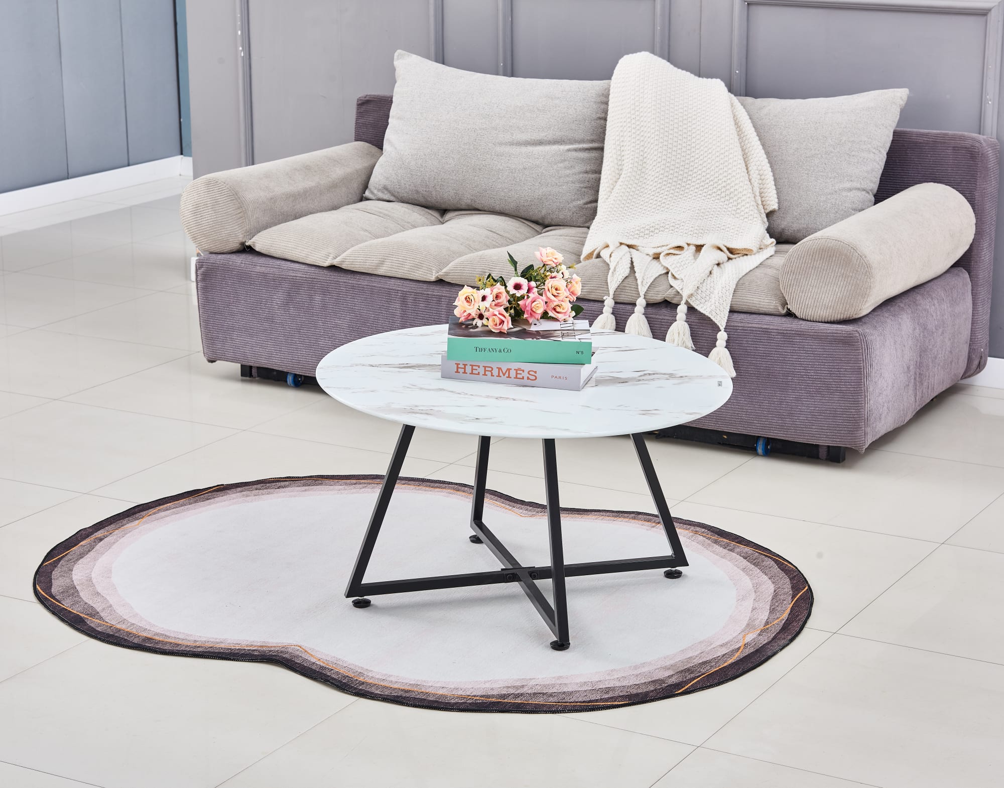 TABLE BASSE HELOISE METAL MARBRE BLANC 80x45 cm