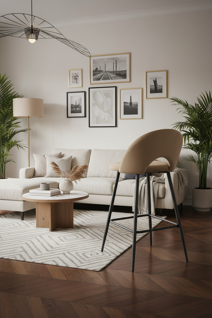 TABOURET DE BAR TEDDY PIED METAL NOIR VELOURS TAUPE