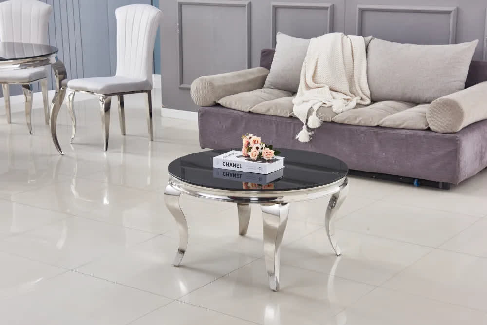 Table basse ronde baroque chrome et plateau en verre de 80 cm