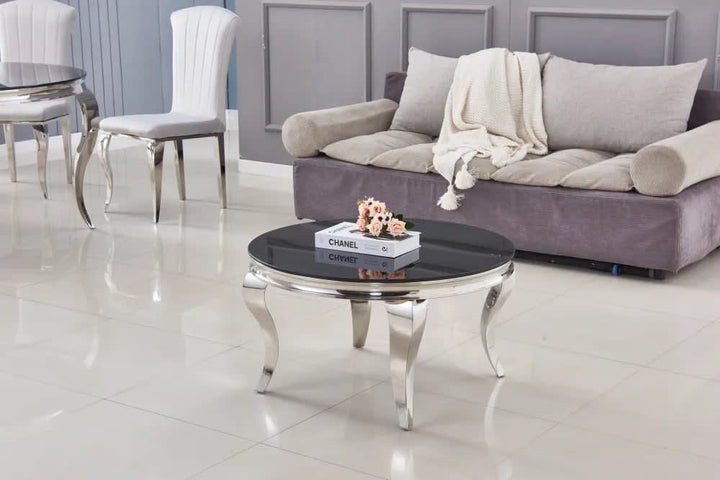 Table basse ronde baroque chrome et plateau en verre de 80 cm