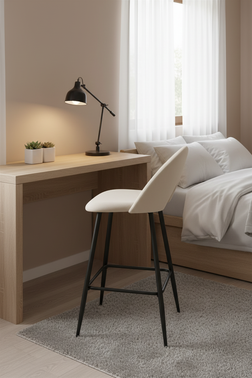 TABOURET DE BAR TEDDY PIED METAL NOIR VELOURS BEIGE