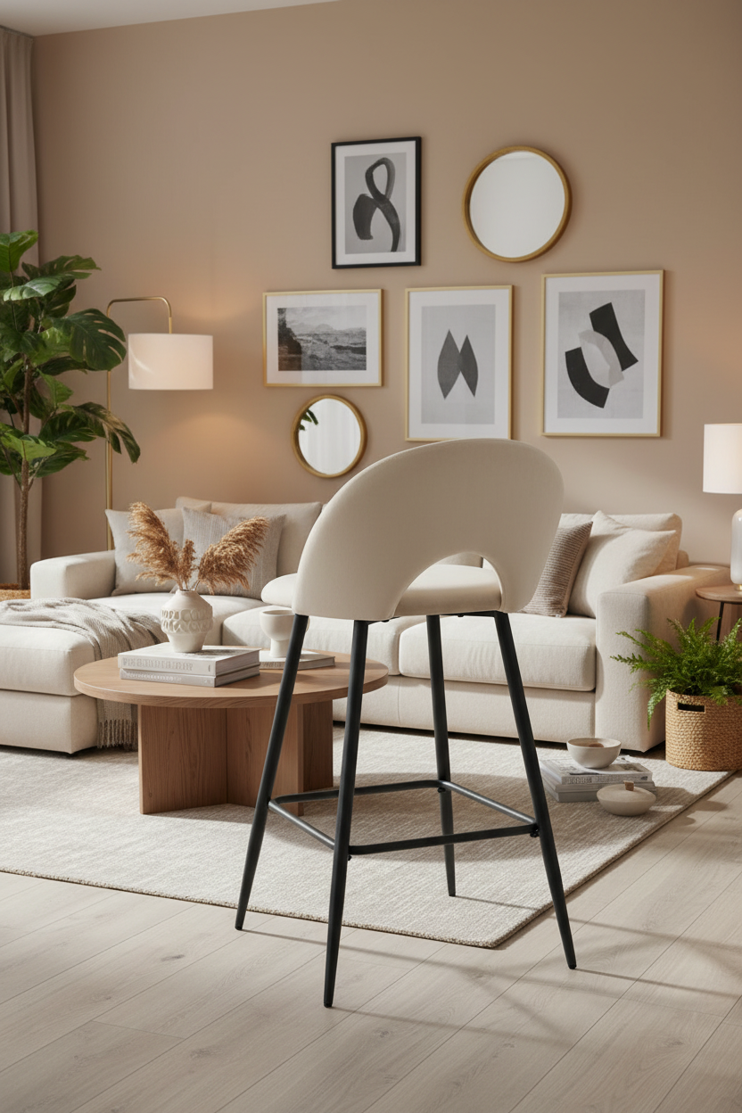 TABOURET DE BAR TEDDY PIED METAL NOIR VELOURS BEIGE