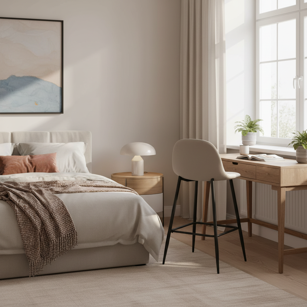 TABOURET DE BAR SCANDINAVE PIED METAL NOIR VELOURS TAUPE