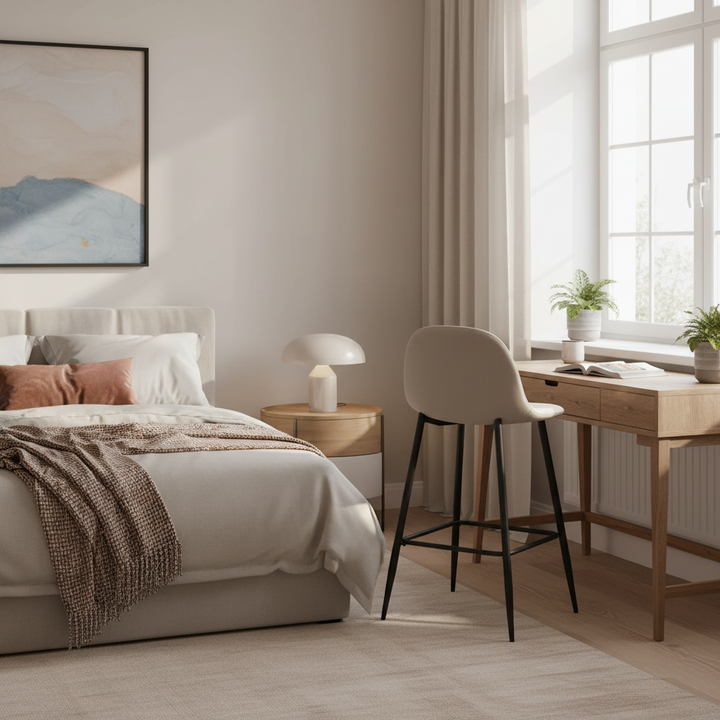 TABOURET DE BAR SCANDINAVE PIED METAL NOIR VELOURS TAUPE