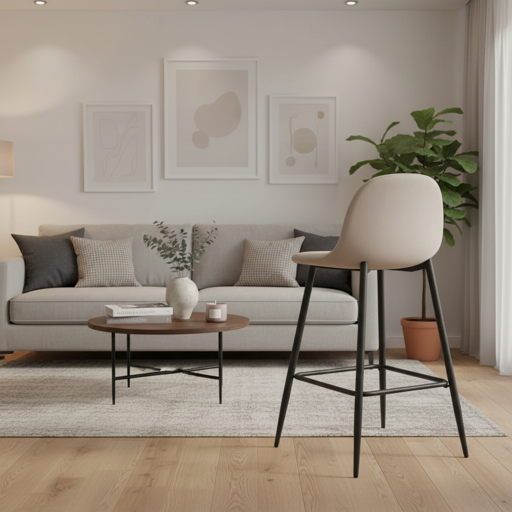 TABOURET DE BAR SCANDINAVE PIED METAL NOIR VELOURS TAUPE