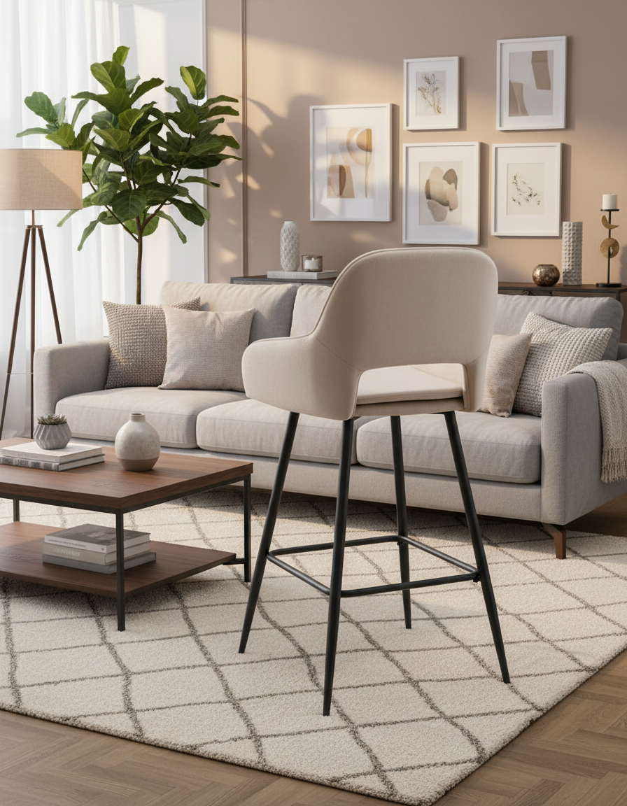 TABOURET DE BAR ATHENA PIED METAL NOIR VELOURS BEIGE