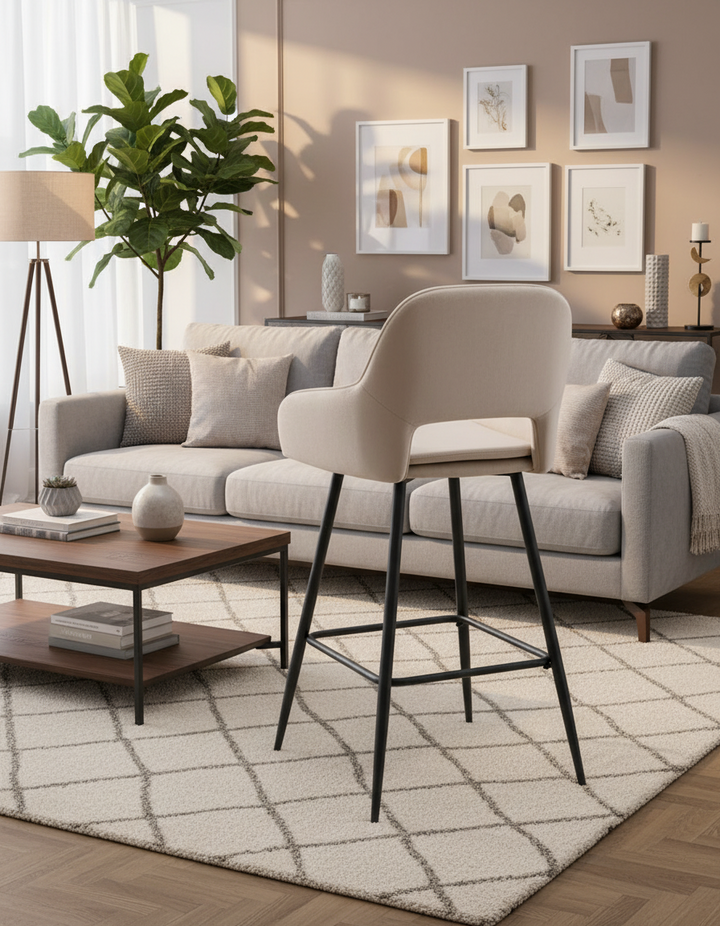 TABOURET DE BAR ATHENA PIED METAL NOIR VELOURS BEIGE