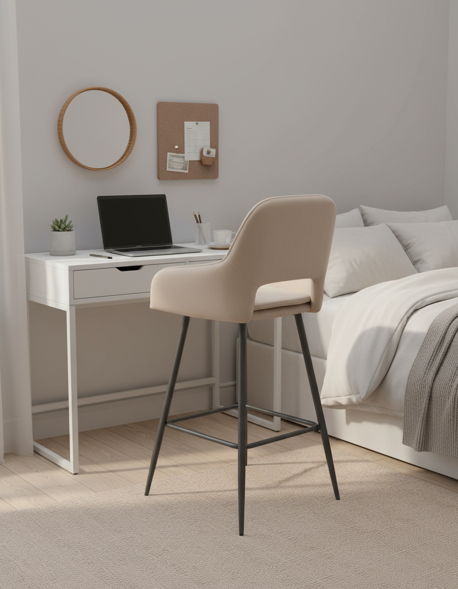 TABOURET DE BAR ATHENA PIED METAL NOIR VELOURS BEIGE