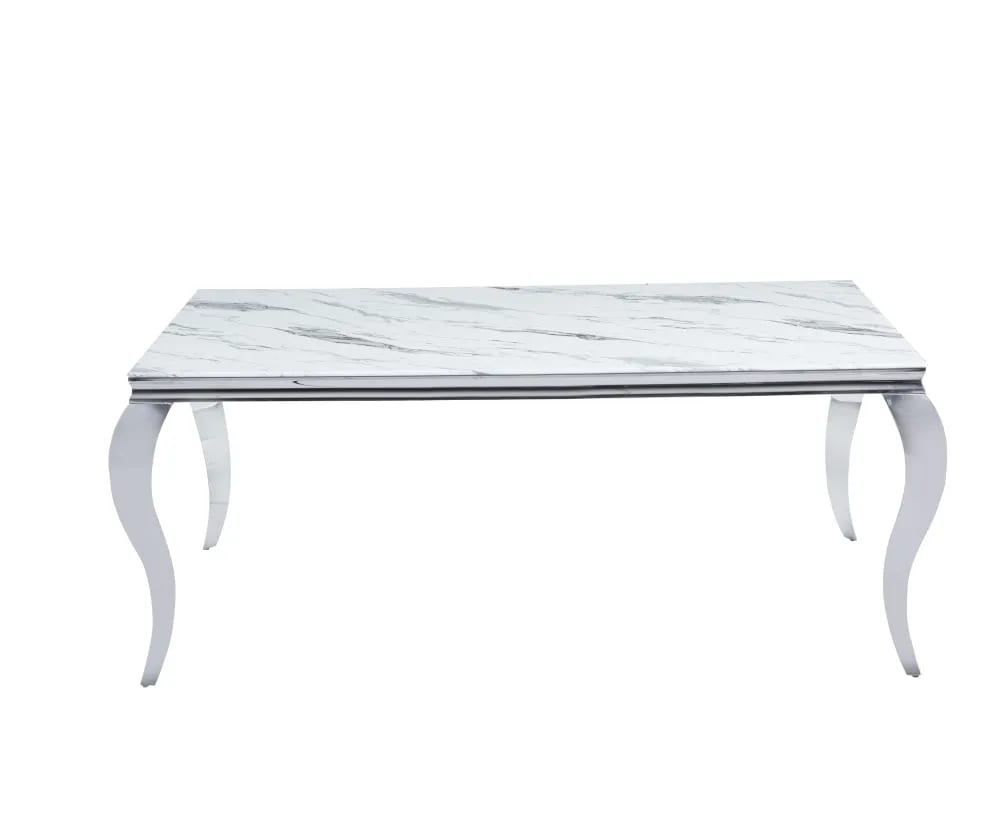Table à manger BAROQUE 6 à 8 couverts pieds chrome plateau en verre 180x90 cm