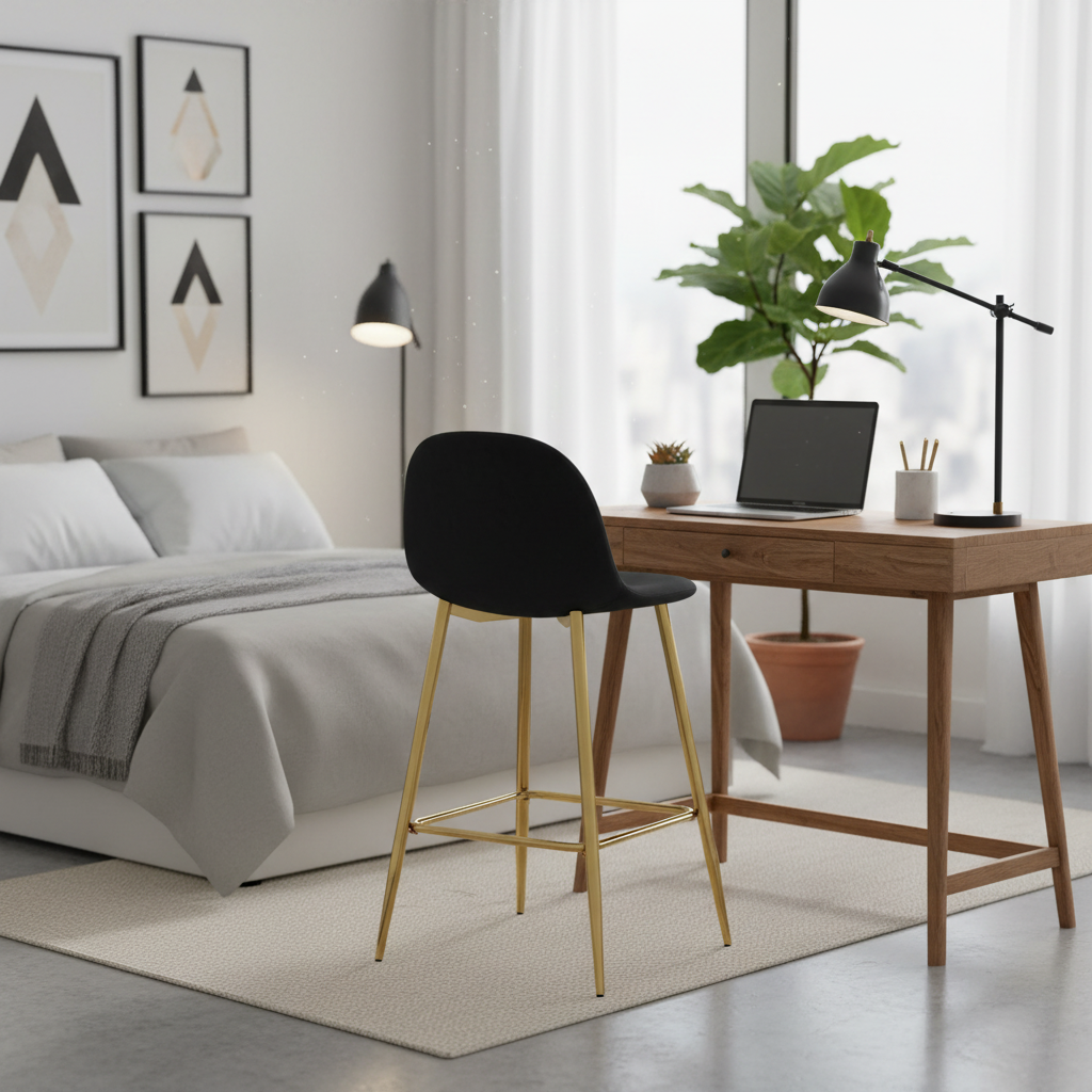 TABOURET DE BAR SCANDINAVE PIED GOLD VELOURS NOIR