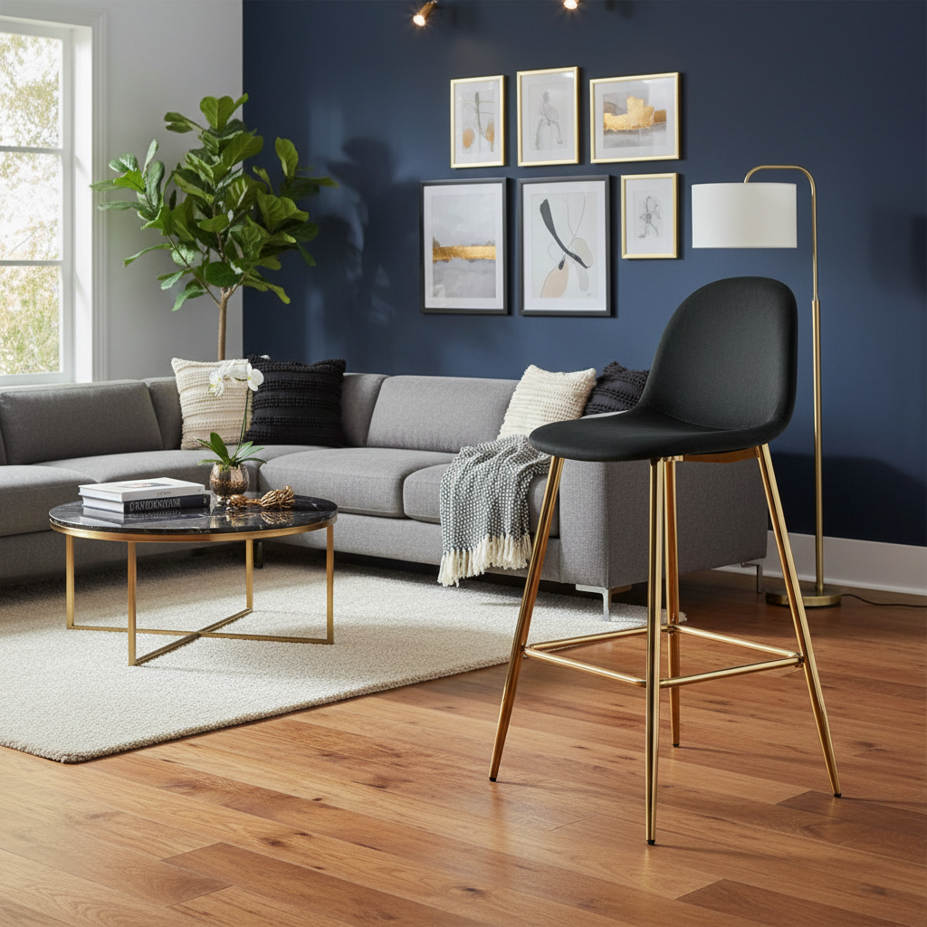 TABOURET DE BAR SCANDINAVE PIED GOLD VELOURS NOIR