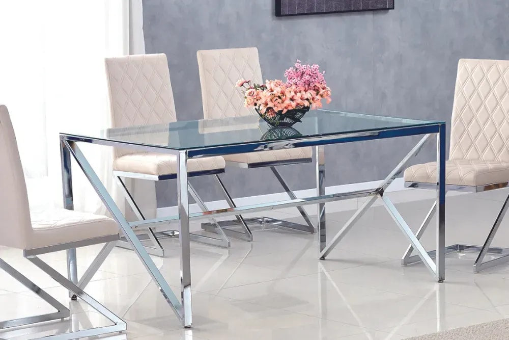 Table à manger MAJESTIQUE Chrome Plateau en verre trempé