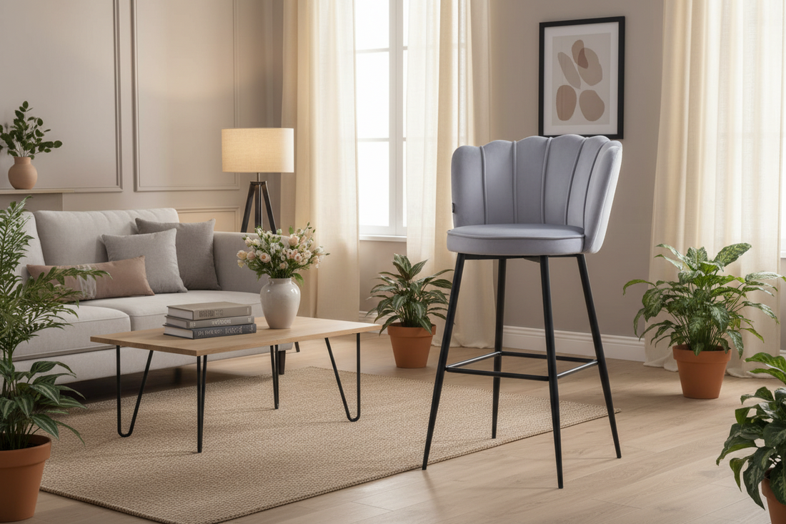 TABOURET DE BAR NYMPHEA METAL NOIR VELOURS SILVER HAUTEUR 65cm