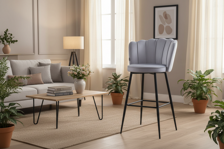 TABOURET DE BAR NYMPHEA METAL NOIR VELOURS SILVER HAUTEUR 65cm