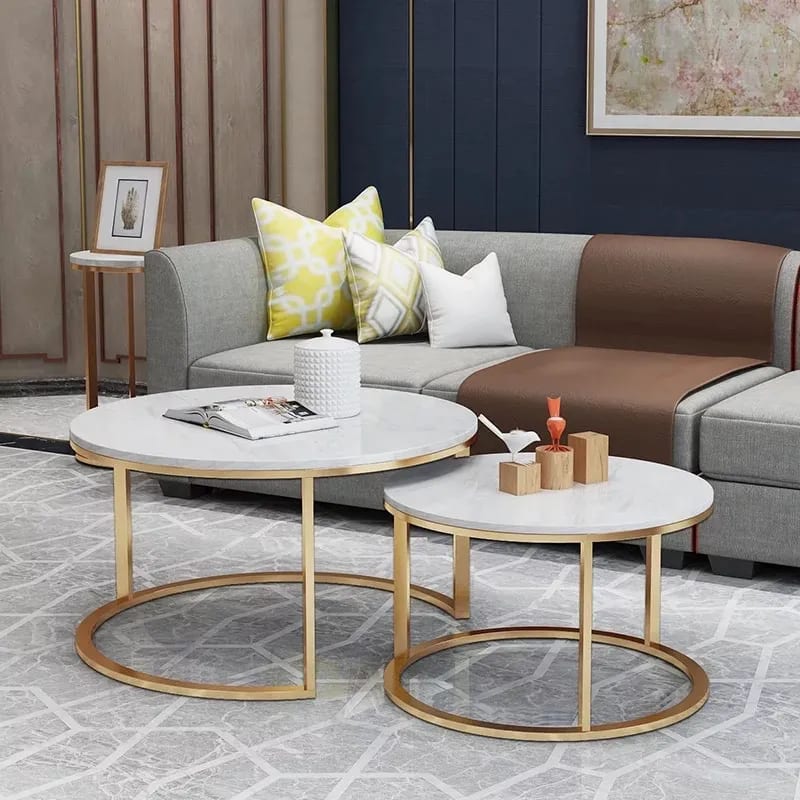 Ensemble de 2 Tables basses Gigogne Marbre Blanc Gold Brossé