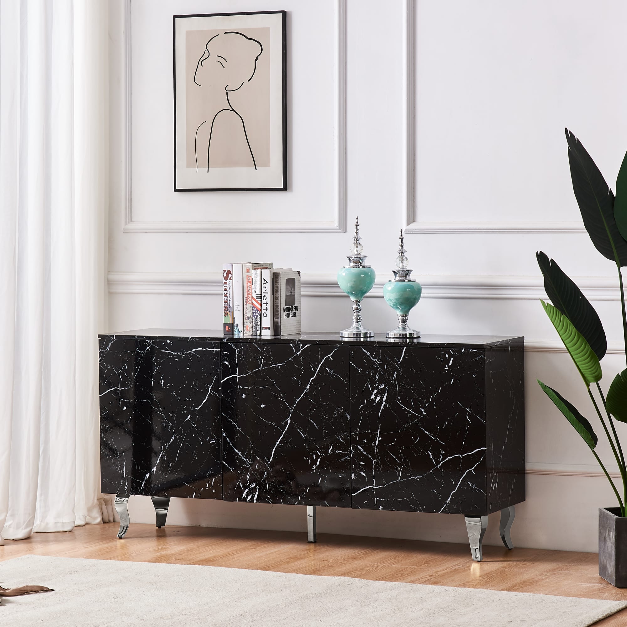 BUFFET BAROQUE LAQUE MARBRE NOIR 3 PORTES 160X40X80 CM PIEDS CH