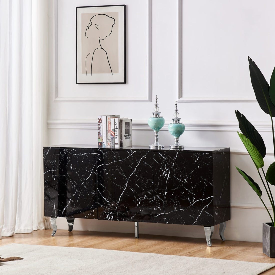 BUFFET BAROQUE LAQUE MARBRE NOIR 3 PORTES 160X40X80 CM PIEDS CH