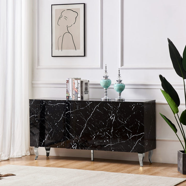 BUFFET BAROQUE LAQUE MARBRE NOIR 3 PORTES 160X40X80 CM PIEDS CH