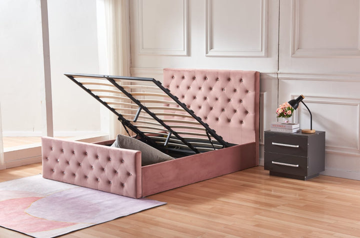 LIT COFFRE VICTORIA CAPITONNE AVEC DIAMANT VELOURS COFFRE ROSE