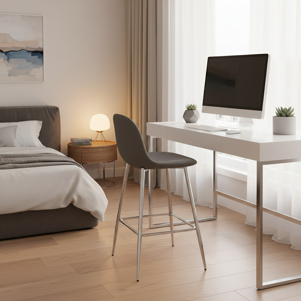 TABOURET DE BAR SCANDINAVE PIED CHROME VELOURS ANTHRACITE