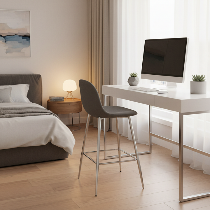 TABOURET DE BAR SCANDINAVE PIED CHROME VELOURS ANTHRACITE