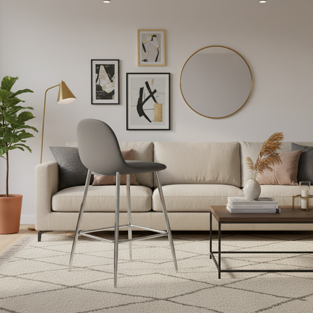 TABOURET DE BAR SCANDINAVE PIED CHROME VELOURS ANTHRACITE