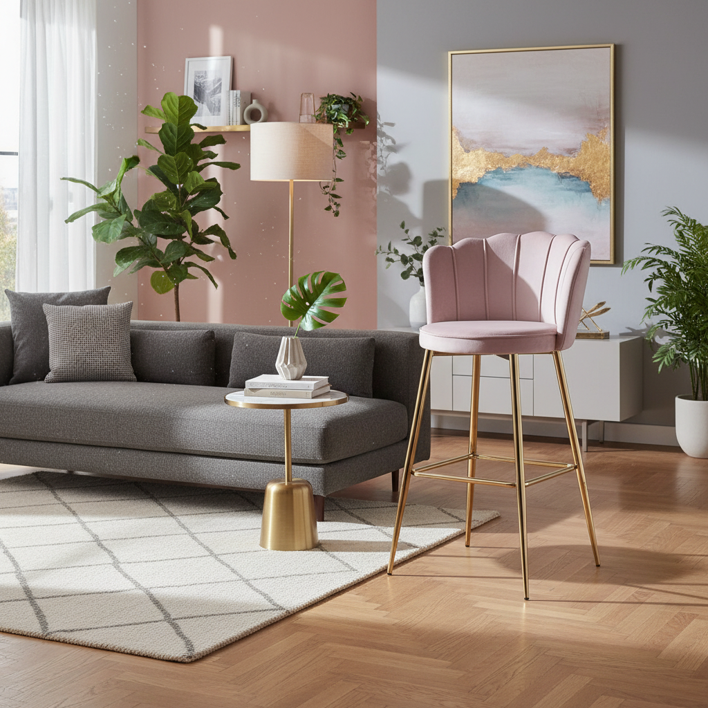 TABOURET DE BAR NYMPHEA GOLD VELOURS ROSE