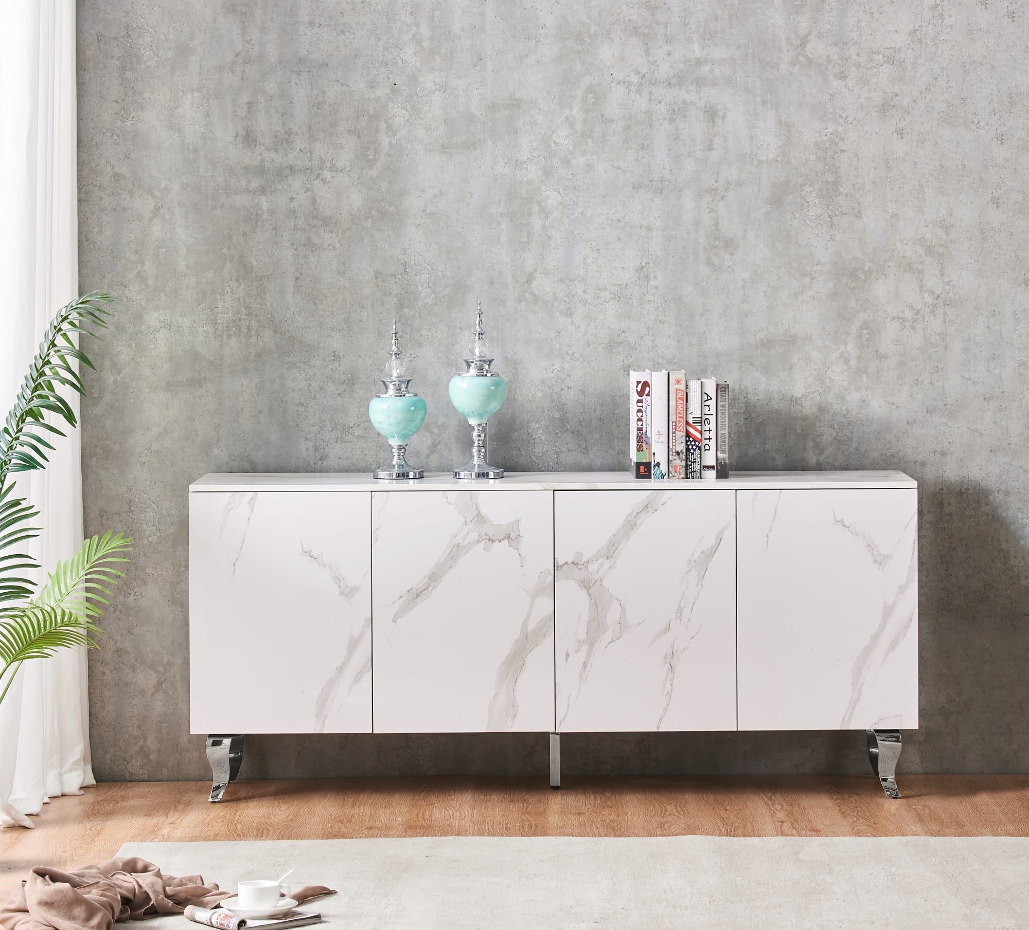 BUFFET BAROQUE LAQUE MARBRE BLANC 4 PORTES 180X40X80 CM PIEDS C