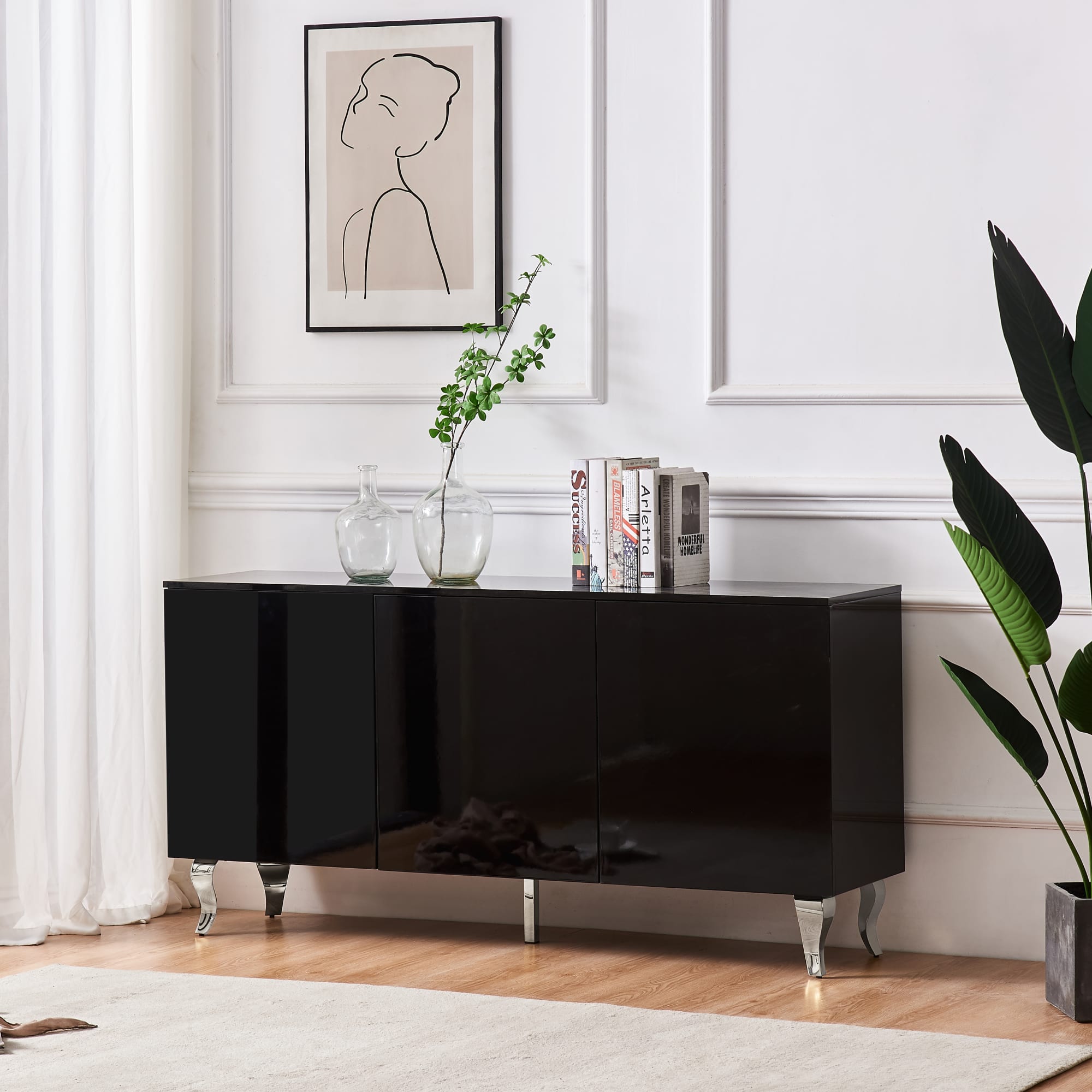 BUFFET BAROQUE LAQUE NOIR 3 PORTES 160X40X80 CM PIEDS CHROME