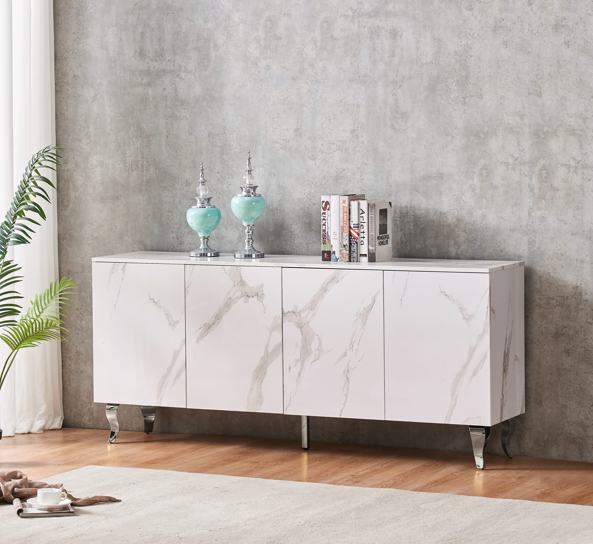 BUFFET BAROQUE LAQUE MARBRE BLANC 4 PORTES 180X40X80 CM PIEDS C