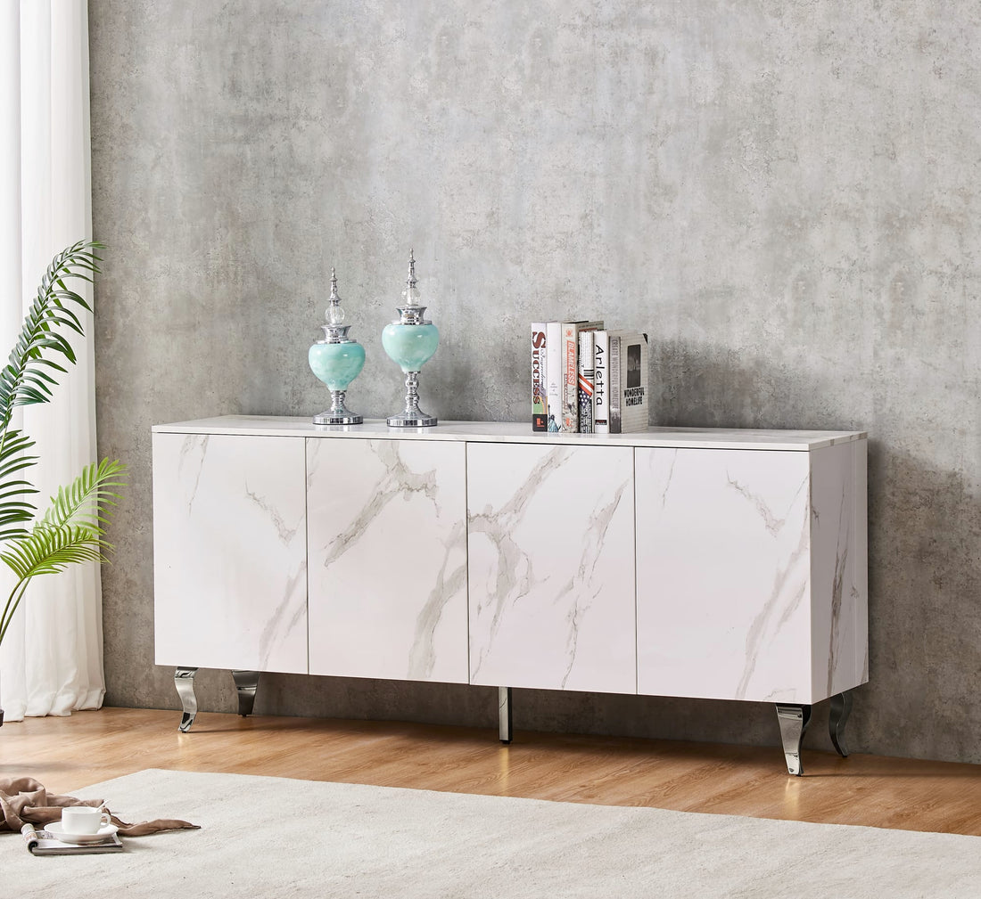 BUFFET BAROQUE LAQUE MARBRE BLANC 4 PORTES 180X40X80 CM PIEDS C