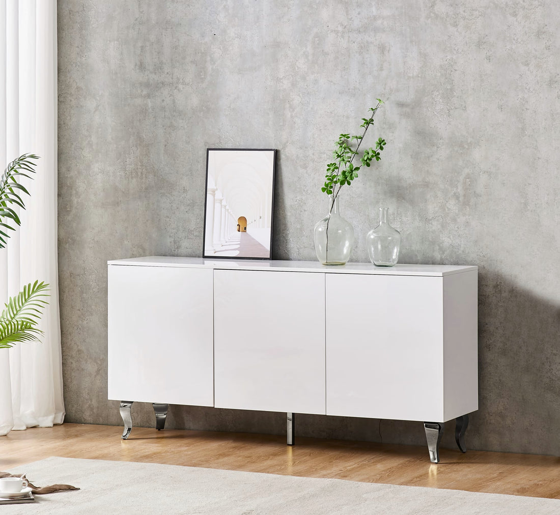 BUFFET BAROQUE LAQUE BLANC 3 PORTES 160X40X80 CM PIEDS CHROME