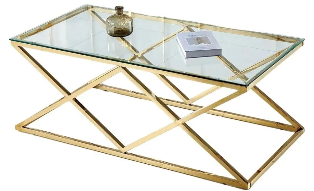 Table Basse TRIANGLE Gold et plateau en verre 120x60 cm