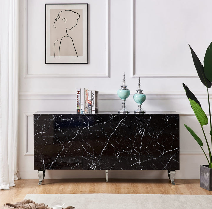 BUFFET BAROQUE LAQUE MARBRE NOIR 3 PORTES 160X40X80 CM PIEDS CH
