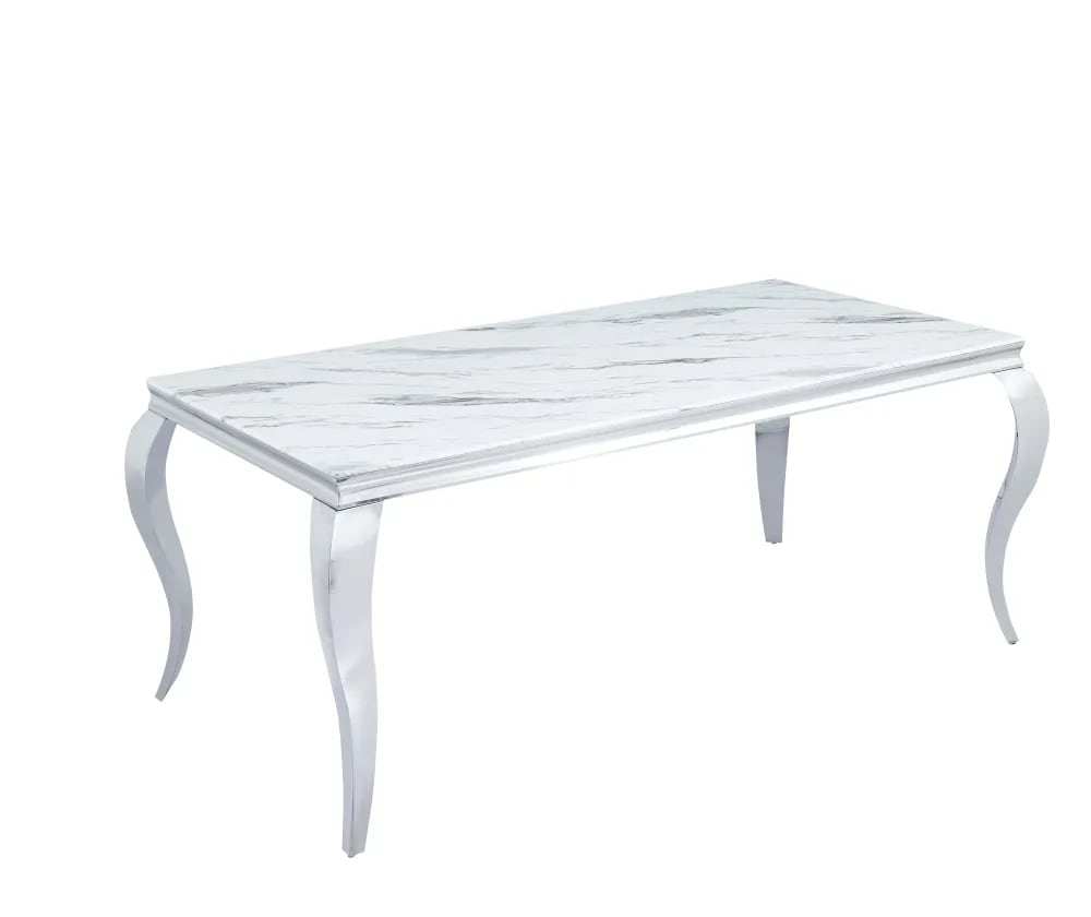 Table à manger BAROQUE 6 à 8 couverts pieds chrome plateau en verre 180x90 cm