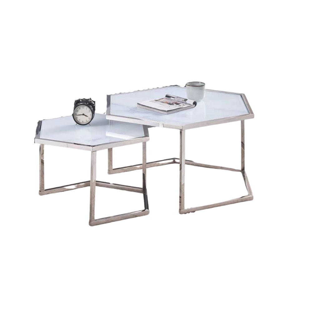 Lot de 2 tables basses Gigogne HEXAGONA structure chrome et plateau en verre