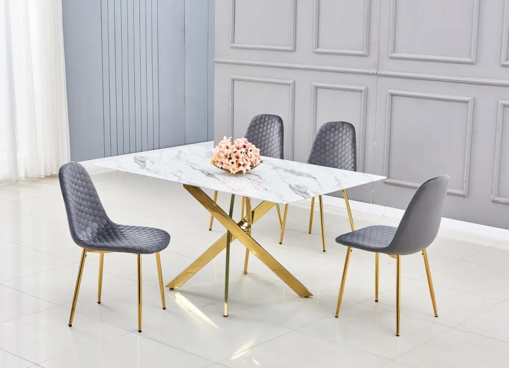 Table Repas JESSICA Gold et plateau en verre 150 cm 4 à 6 couverts