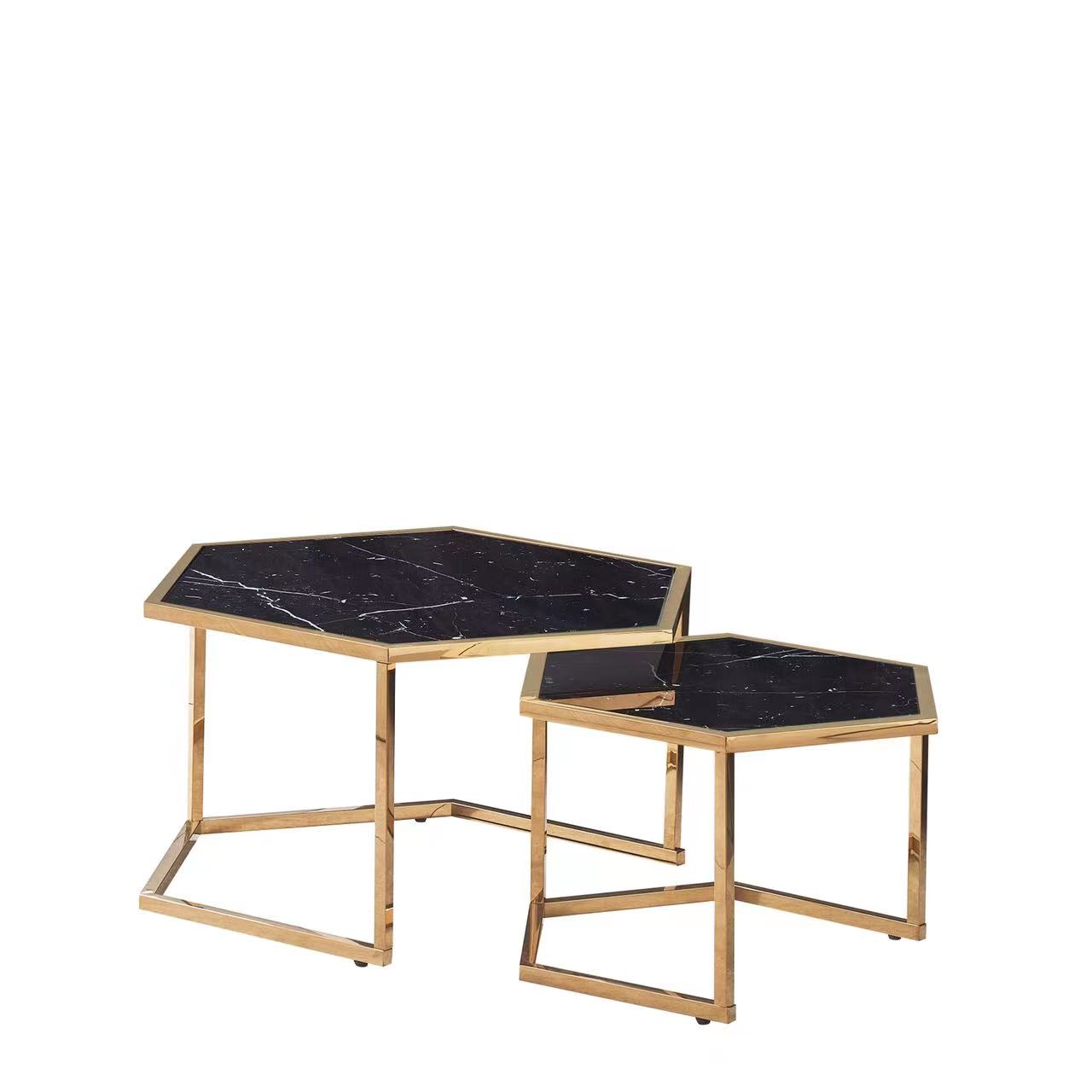 TABLE BASSE GIGOGNE HEXAGONA GOLD MARBRE NOIR 79x40.50 + 59x35.