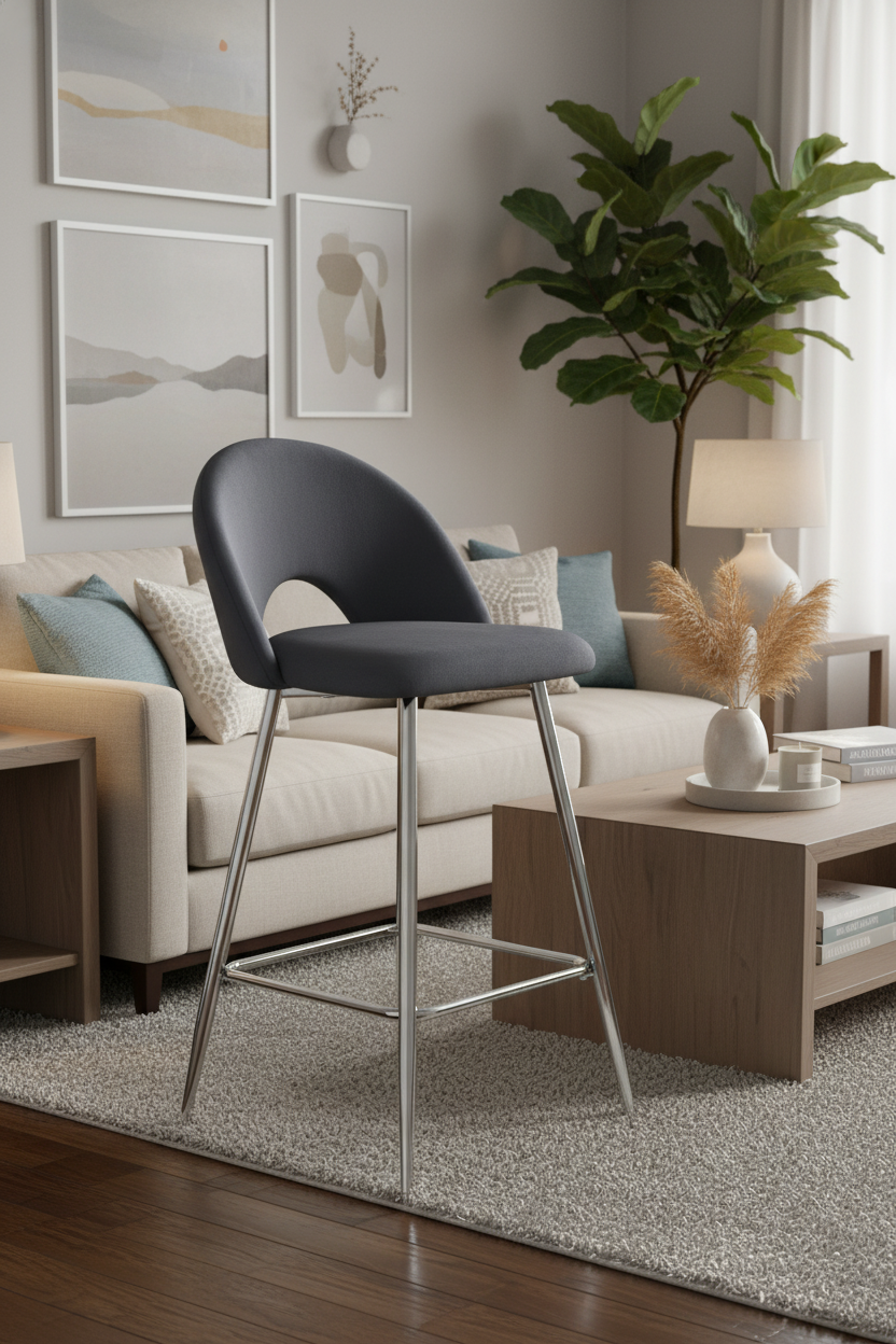 TABOURET DE BAR TEDDY PIED CHROME VELOURS ANTHRACITE