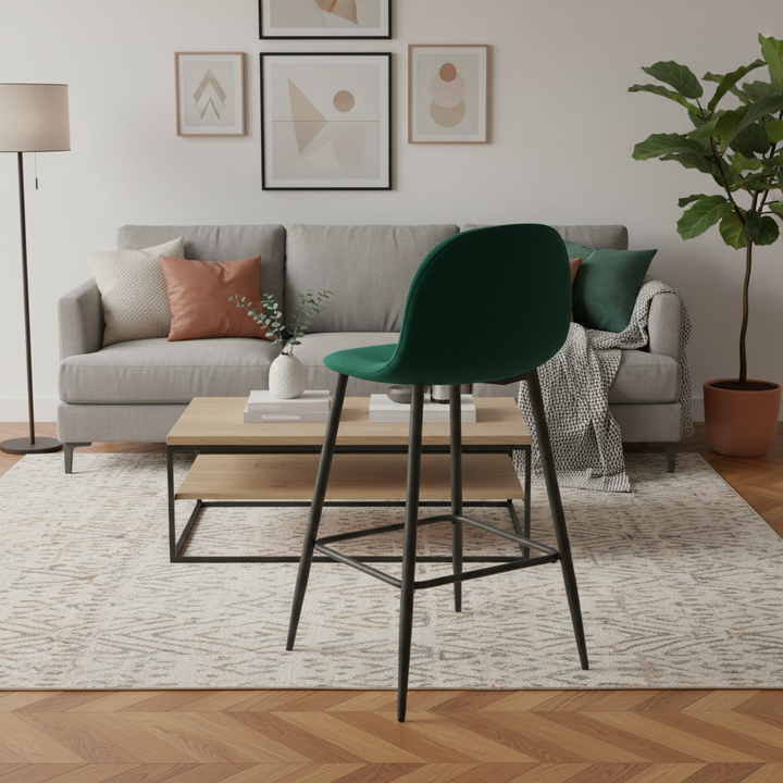 TABOURET DE BAR SCANDINAVE PIED METAL NOIR VELOURS VERT SAPIN