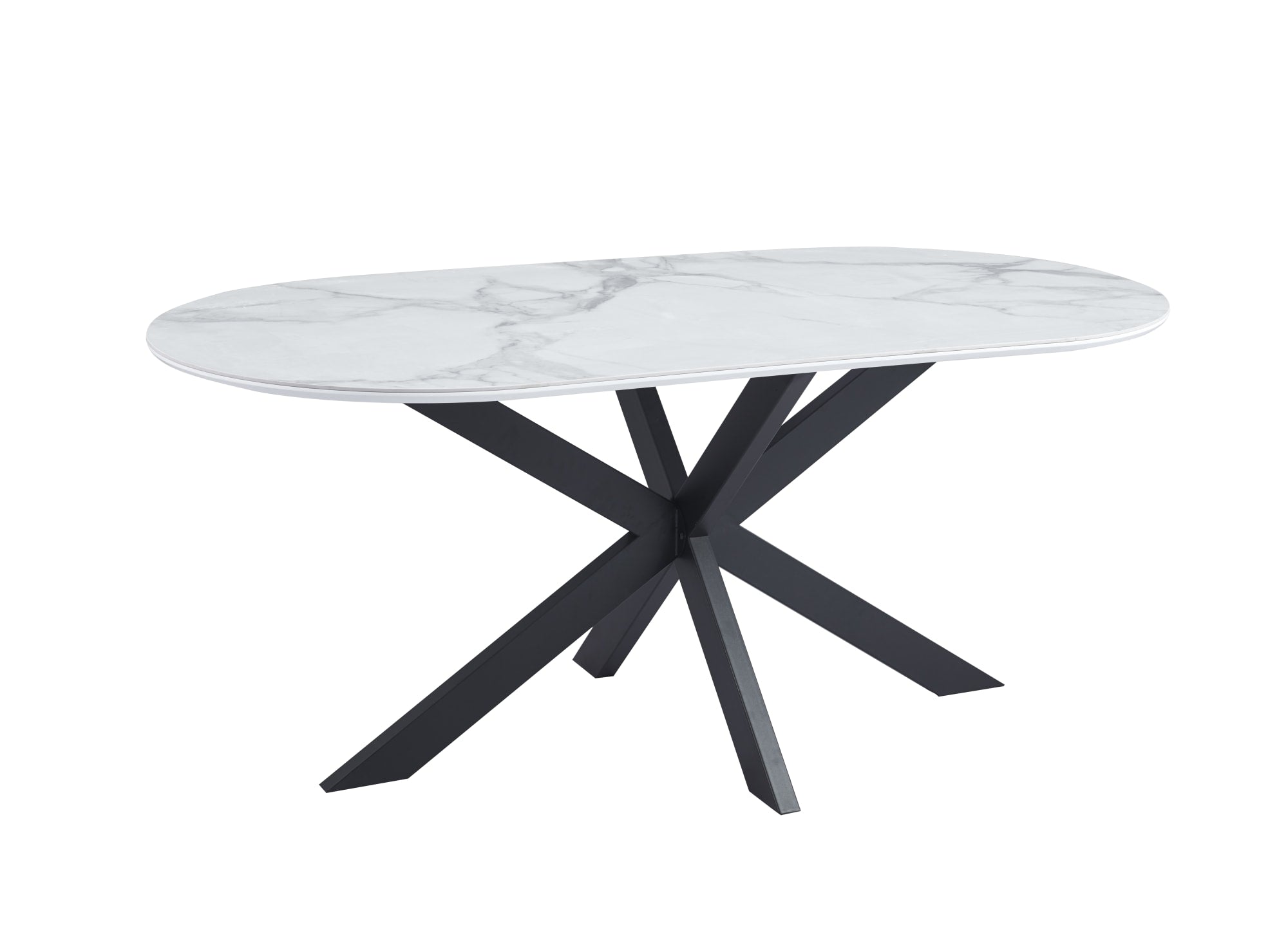 TABLE REPAS MANON PIED METAL NOIR PLATEAU CERAMIQUE MARBRE BLANC 180x90cm